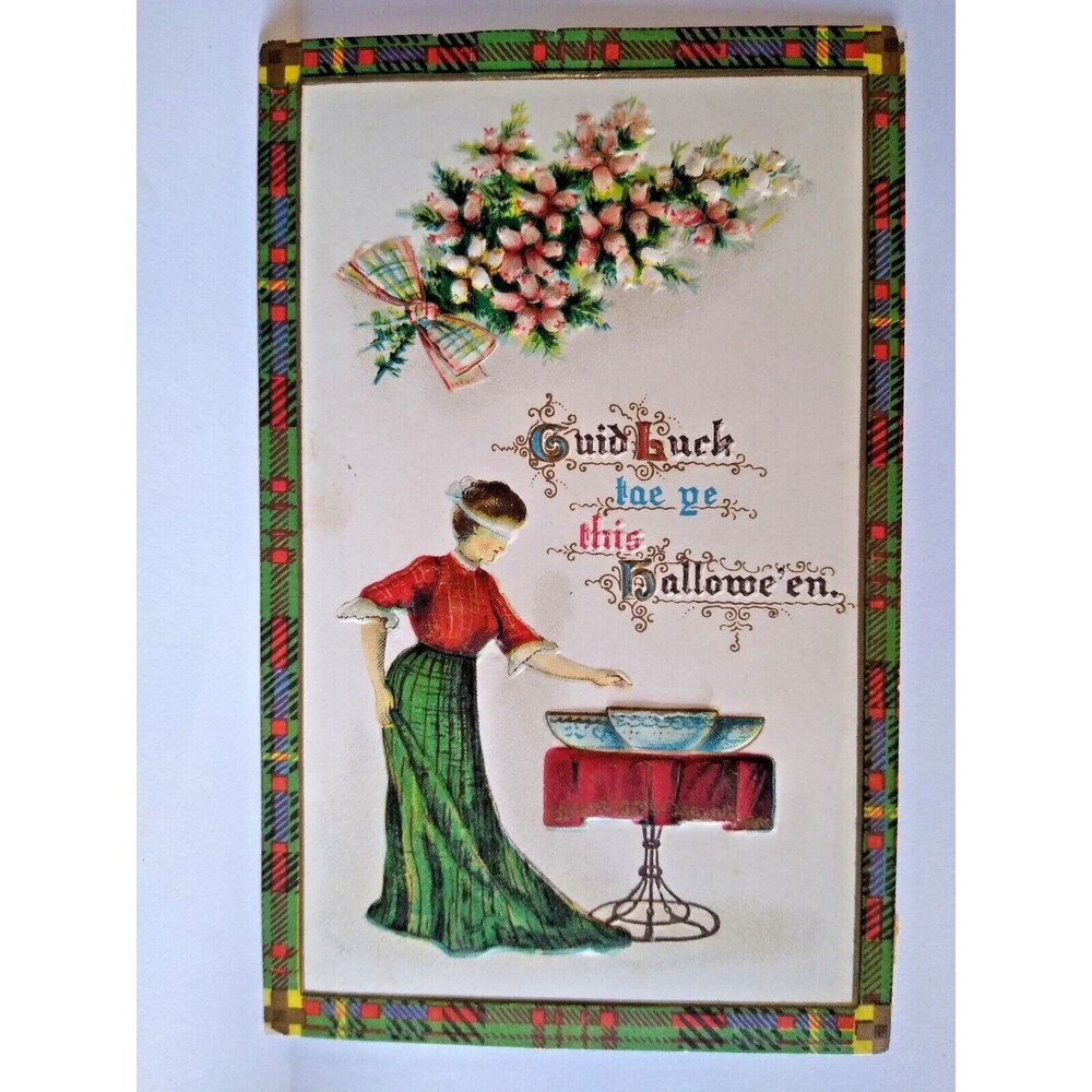 Halloween Postcard Vintage Blindfolded Women Plaid Border Gottschalk 2525